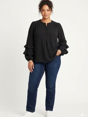 Kaari Blue Black Ruffle Sleeve Henley Blouse